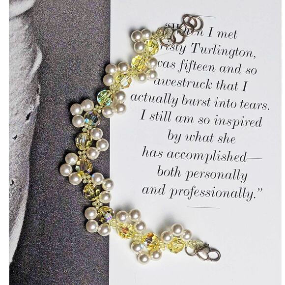 GORGEOUS Handmade Swarovski Crystal Pearl Woven Bracelet Anklet  925 Yellow 8.5" - Picture 1 of 1